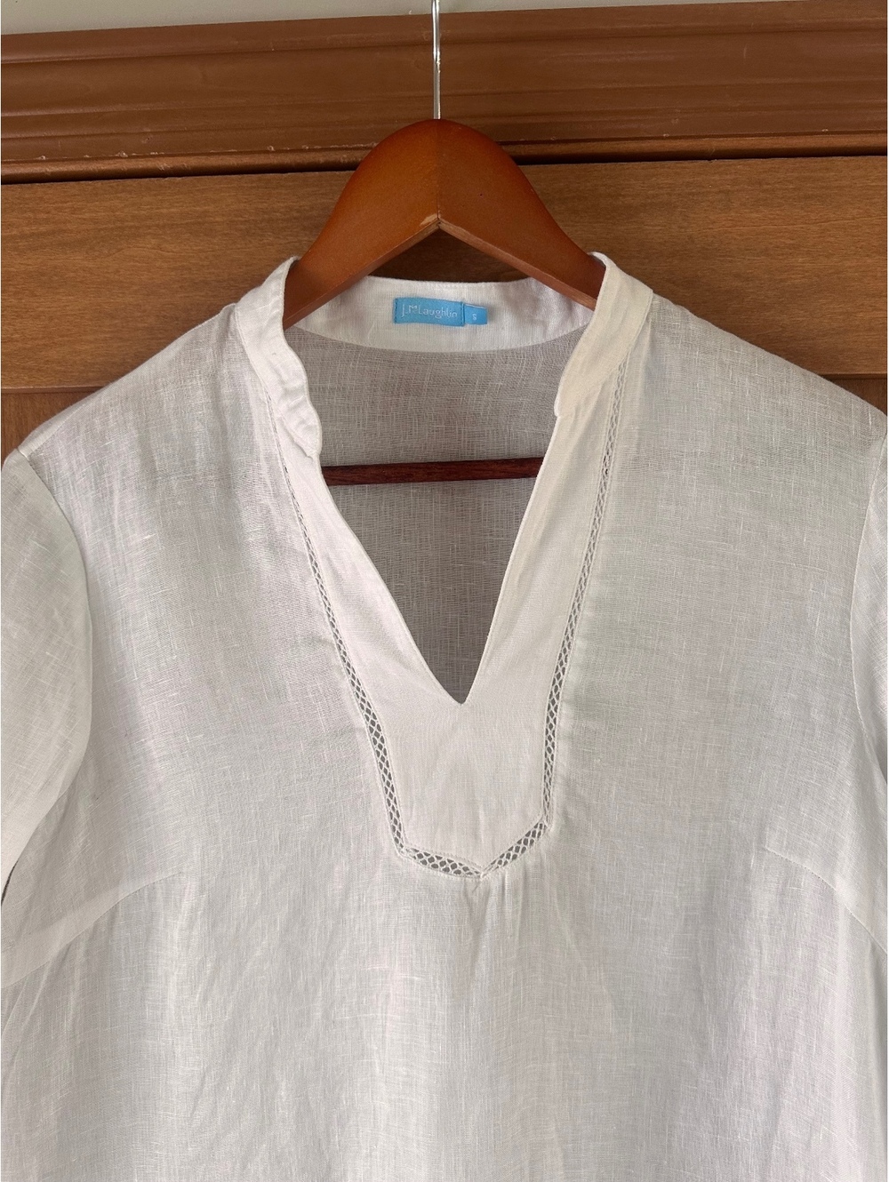 J. McLaughlin 100% Linen White V-neck 3/4 Sleeve Tunic Blouse Women’s Small - Picture 4 of 10